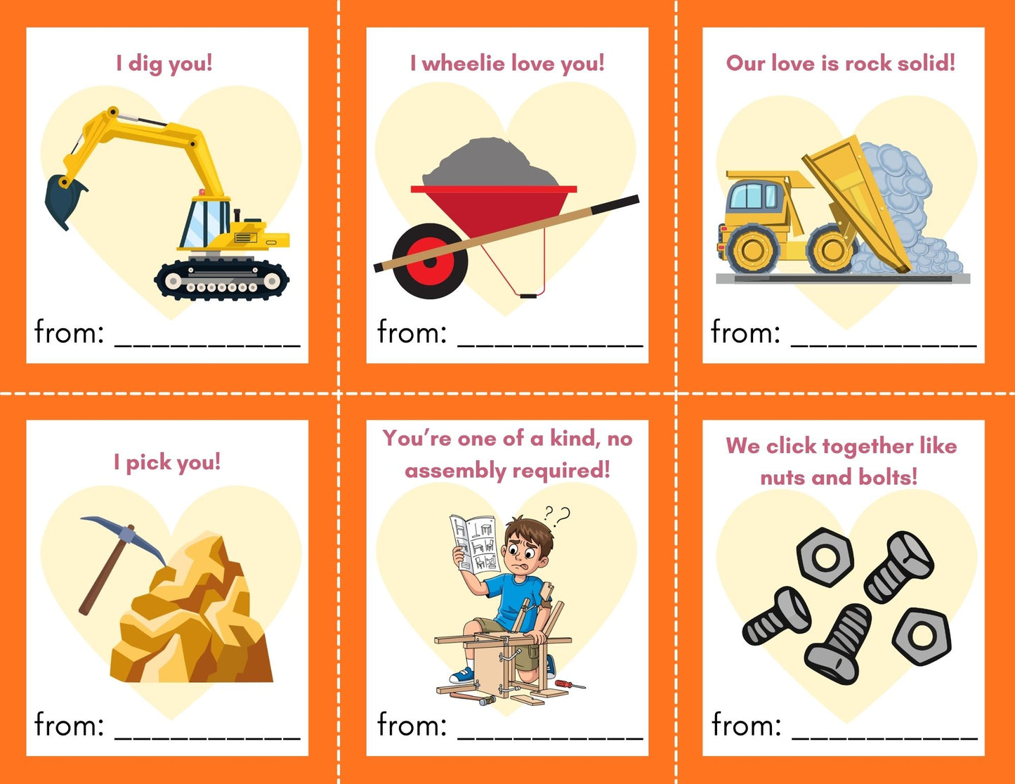 24 Construction/Tool themed Valentines- PDF Printable fast, easy no fuss fun!