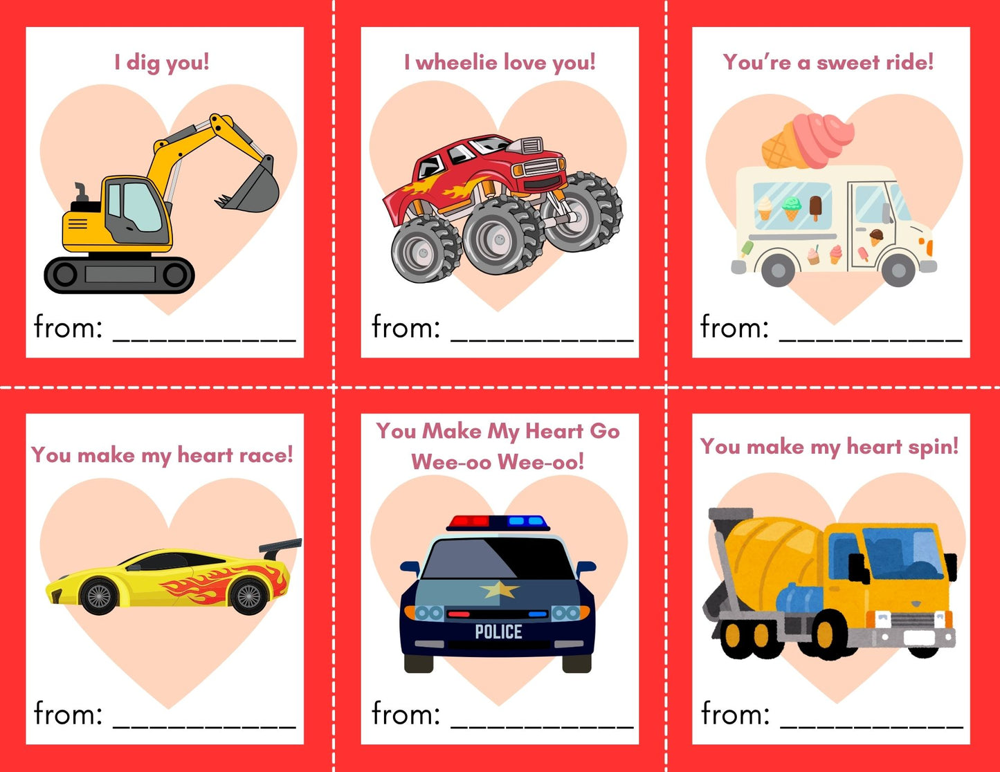 24 Vehicle Valentines- PDF Printable fast, easy no fuss fun!