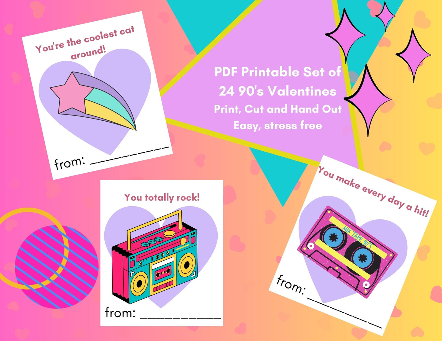 24 90's Fun Valentines- PDF Printable fast, easy no fuss fun!