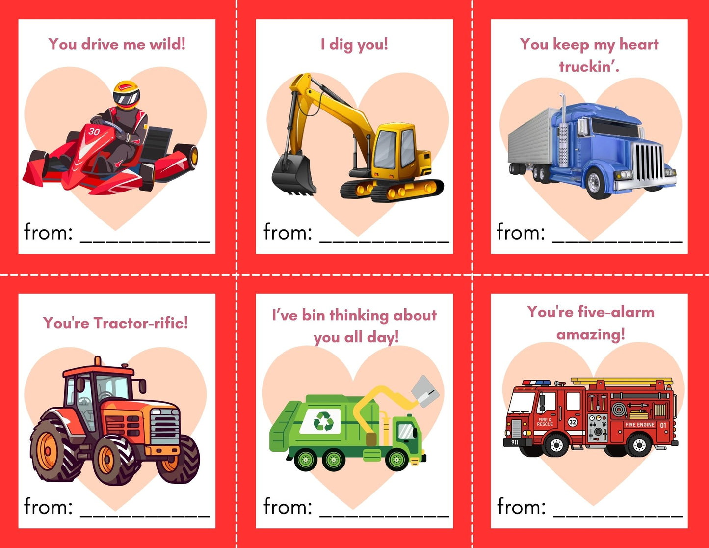 24 Vehicle Valentines- PDF Printable fast, easy no fuss fun!