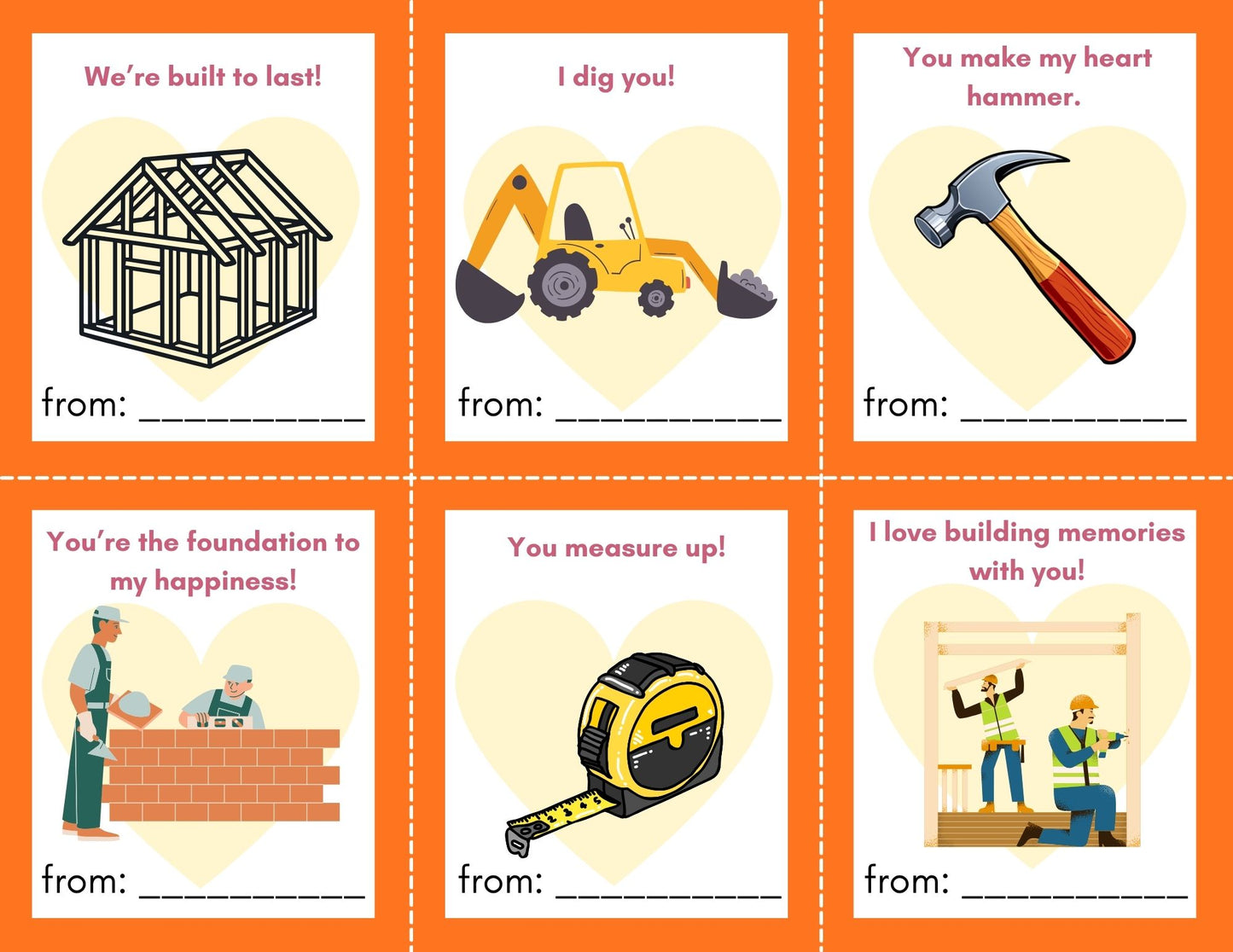 24 Construction/Tool themed Valentines- PDF Printable fast, easy no fuss fun!