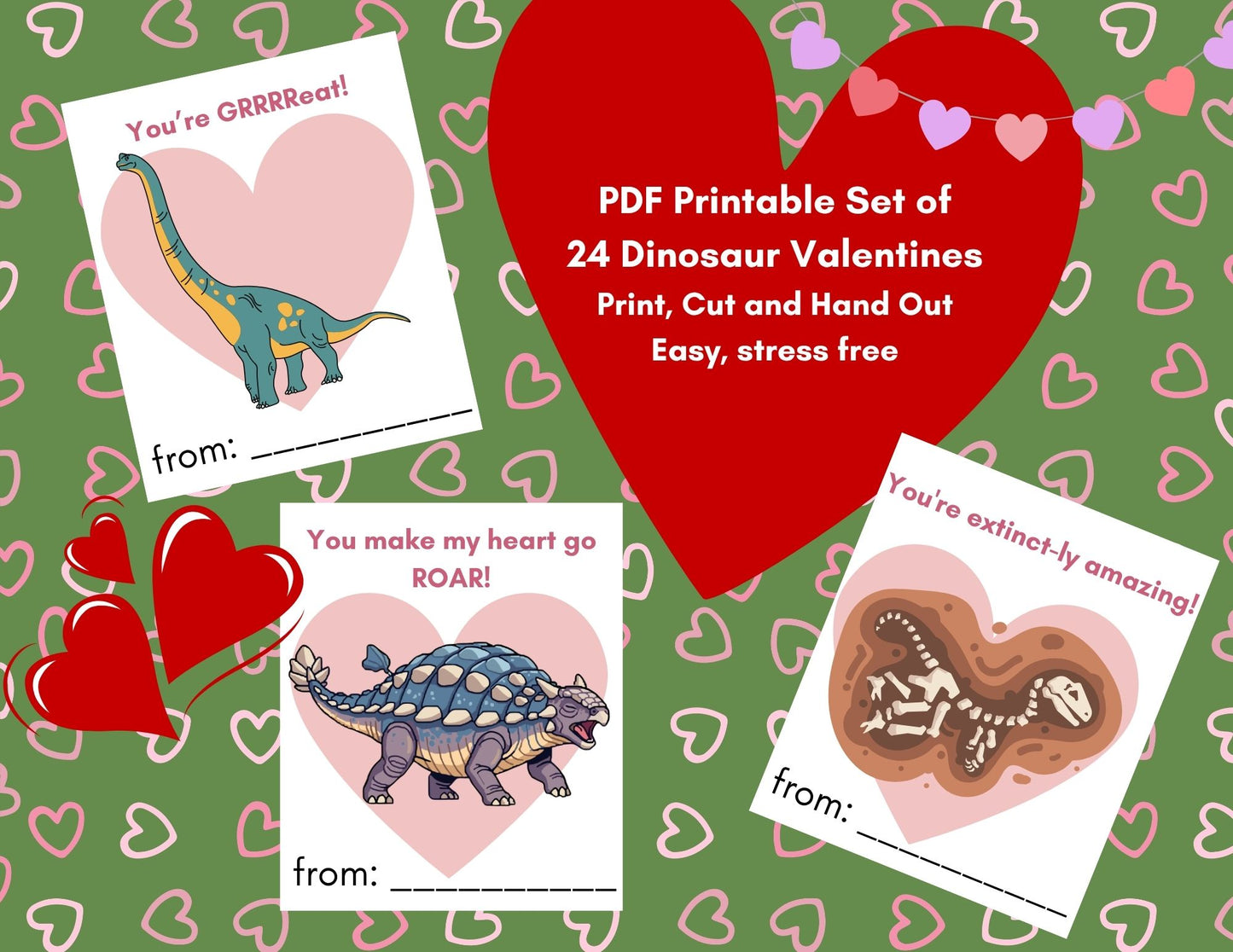 24 Dinosaur Valentines- PDF Printable fast, easy no fuss fun!