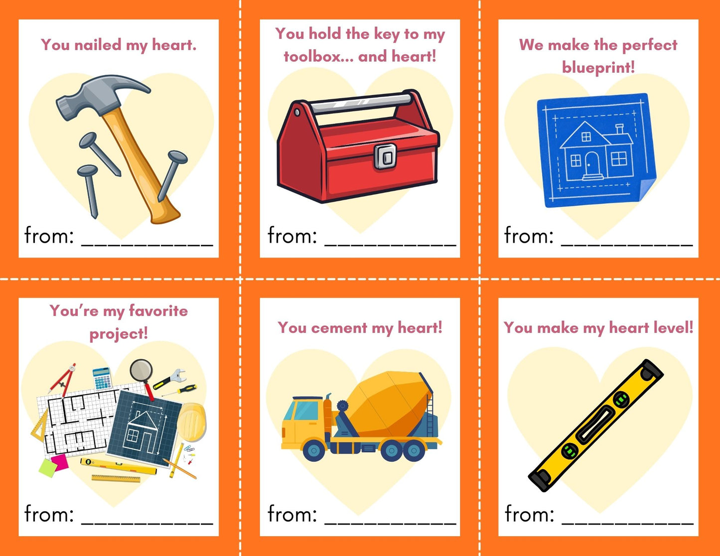 24 Construction/Tool themed Valentines- PDF Printable fast, easy no fuss fun!