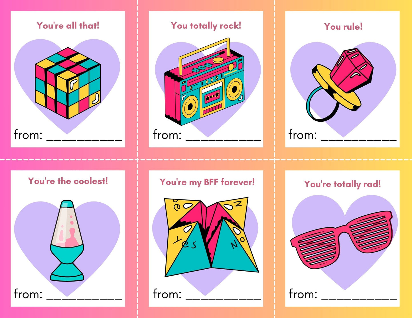 24 90's Fun Valentines- PDF Printable fast, easy no fuss fun!