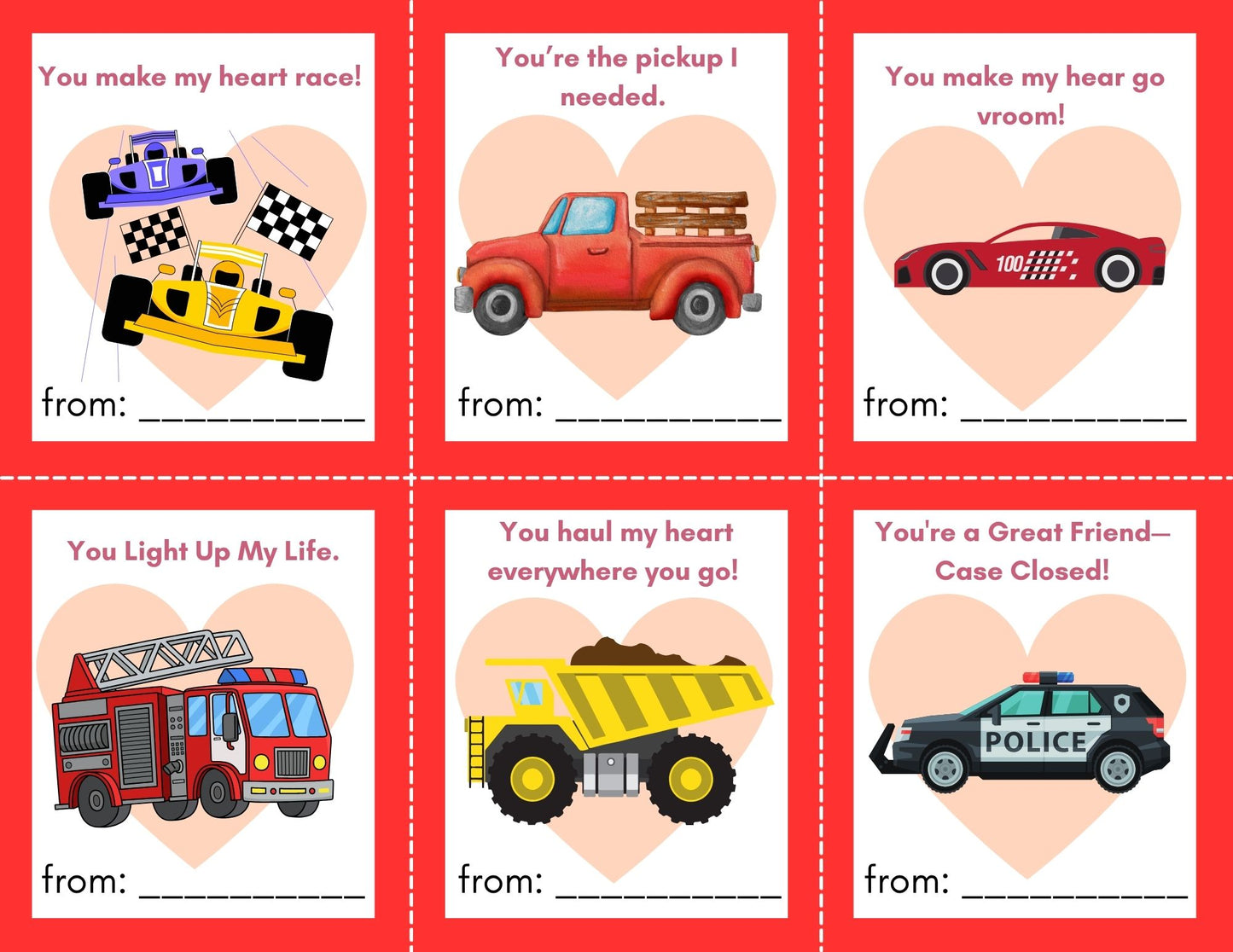 24 Vehicle Valentines- PDF Printable fast, easy no fuss fun!