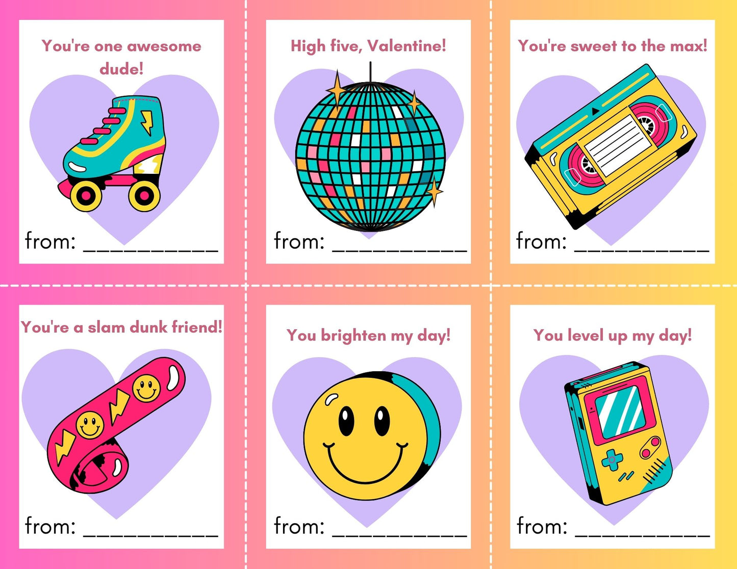 24 90's Fun Valentines- PDF Printable fast, easy no fuss fun!