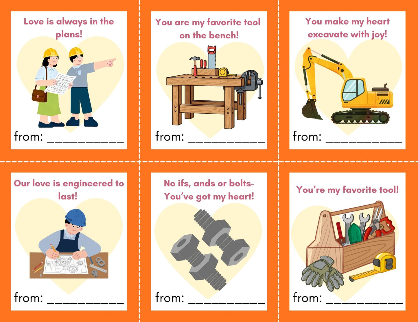 24 Construction/Tool themed Valentines- PDF Printable fast, easy no fuss fun!