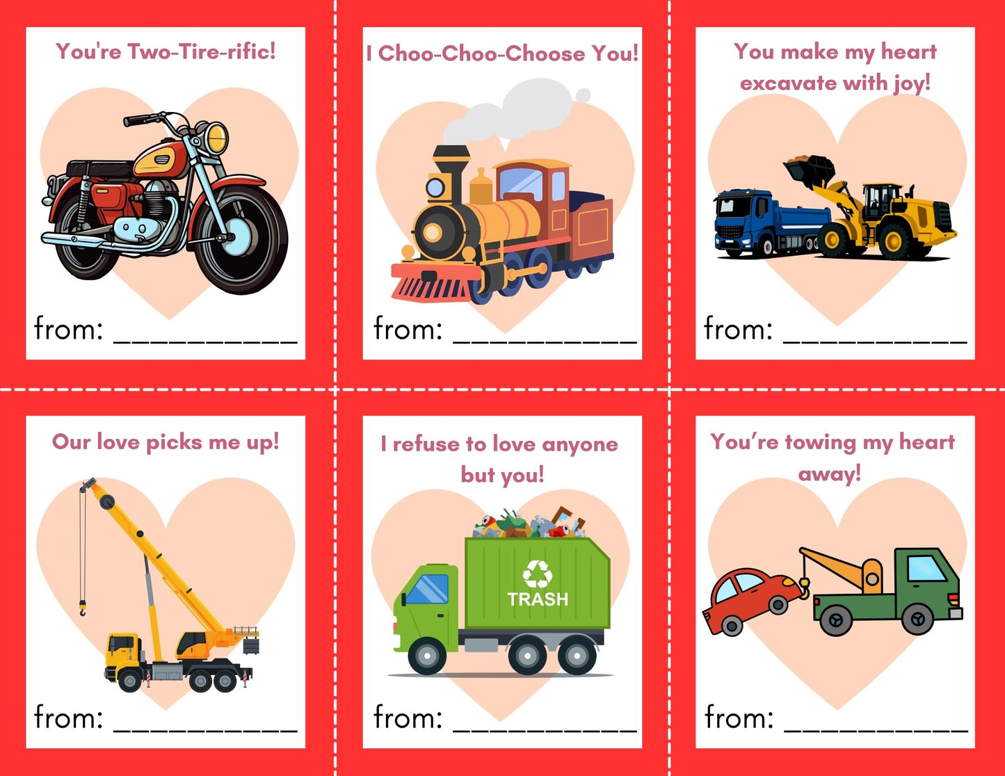 24 Vehicle Valentines- PDF Printable fast, easy no fuss fun!