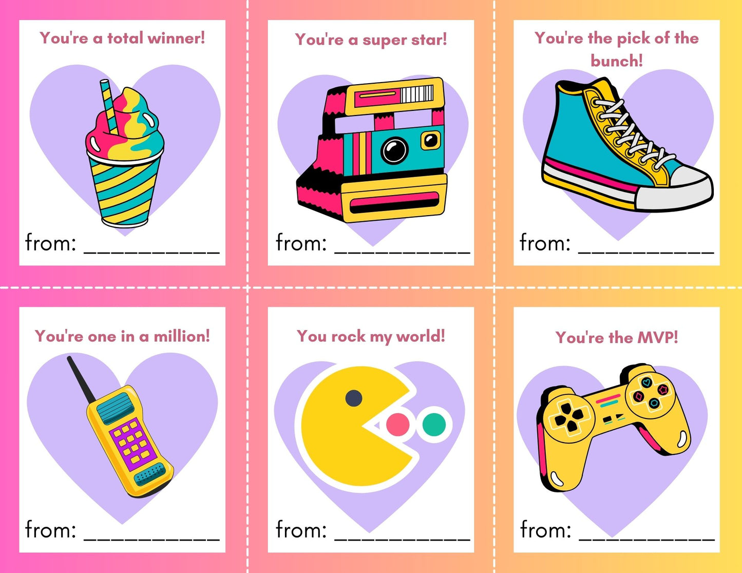24 90's Fun Valentines- PDF Printable fast, easy no fuss fun!