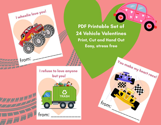 24 Vehicle Valentines- PDF Printable fast, easy no fuss fun!
