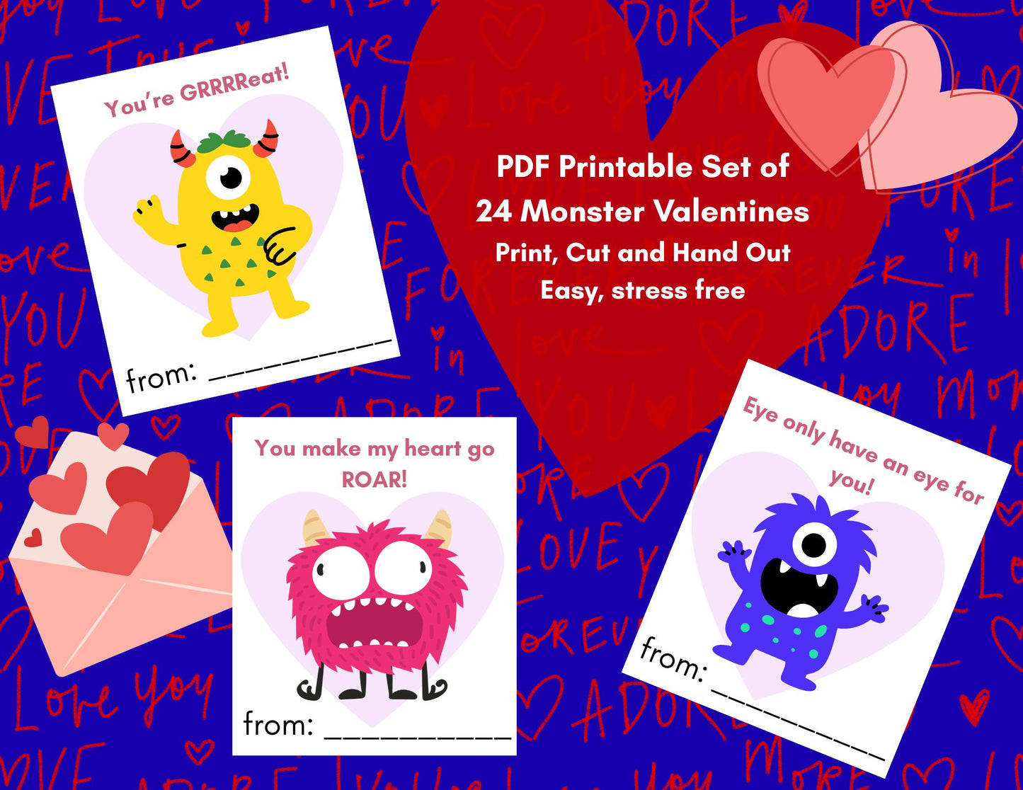 24 Monster Valentines- PDF Printable fast, easy no fuss fun!