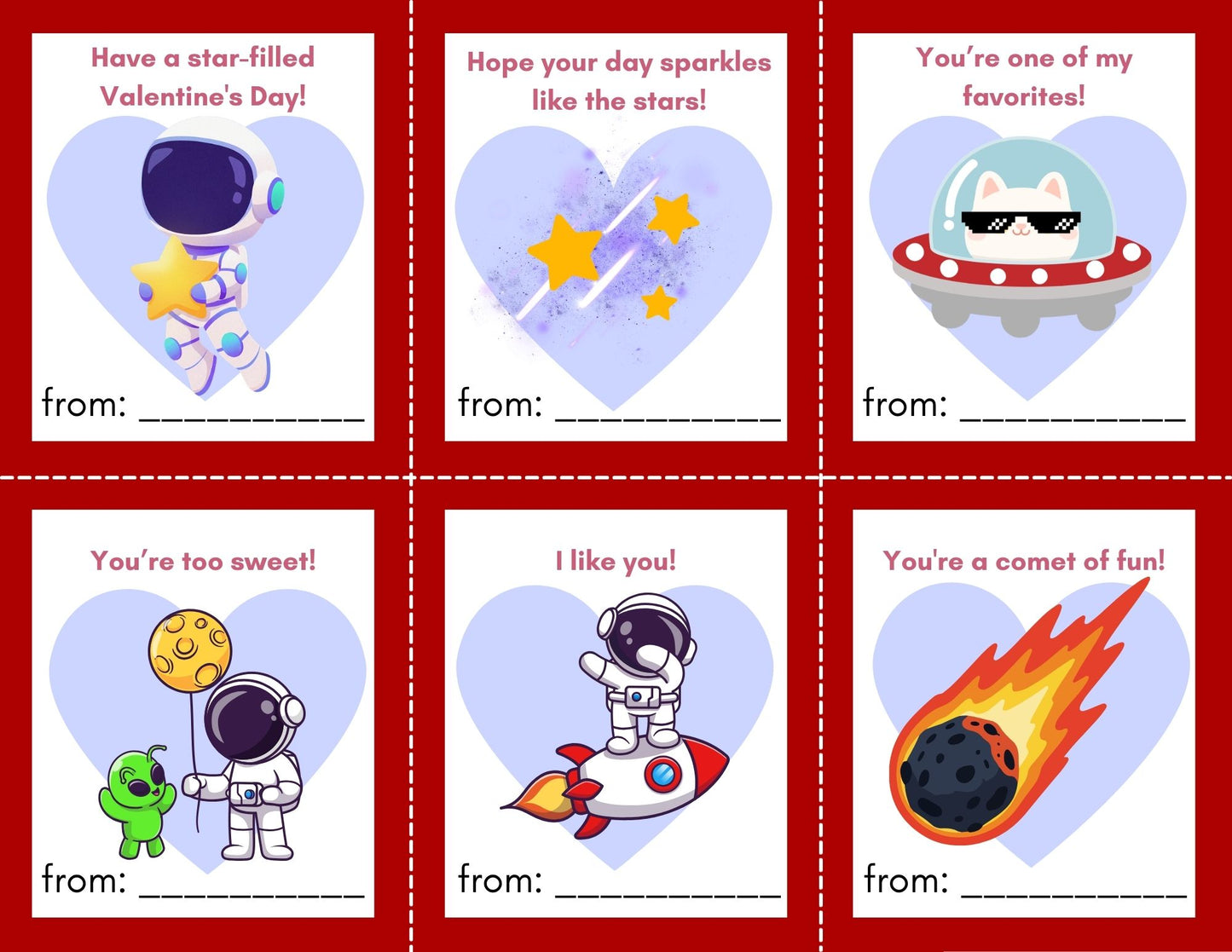 24 Space Valentines- PDF Printable fast, easy no fuss fun!