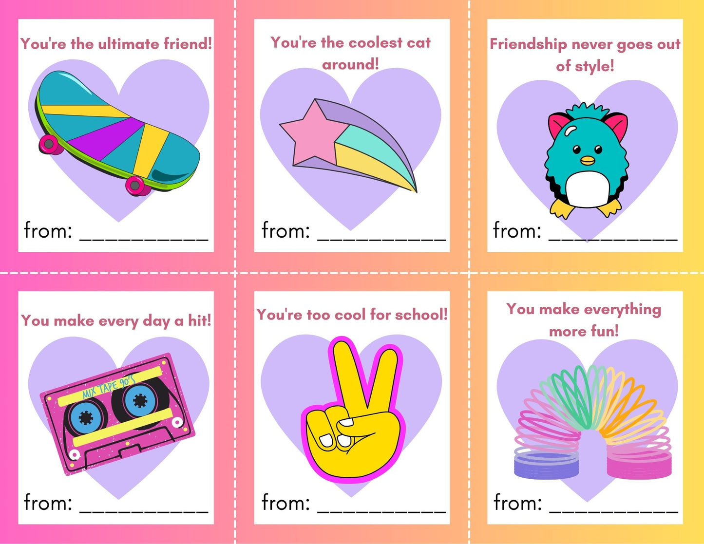 24 90's Fun Valentines- PDF Printable fast, easy no fuss fun!