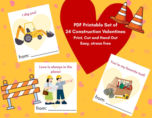 24 Construction/Tool themed Valentines- PDF Printable fast, easy no fuss fun!