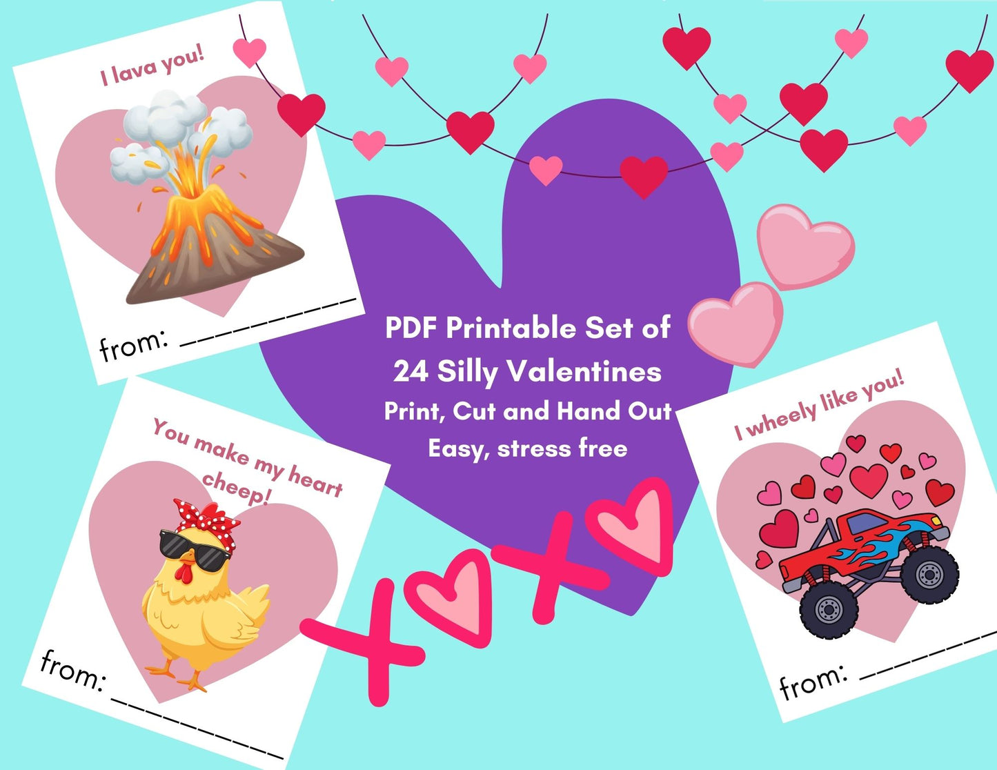 24 Silly Valentines for kids- PDF Printable fast, easy no fuss fun!